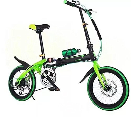 Road Bike : Folding Car 14 Inch 16 Inch Folding Speed Change Disc Brake Children Bicycle Adult Folding Bicycle Bicycle Cycling, Green-14in