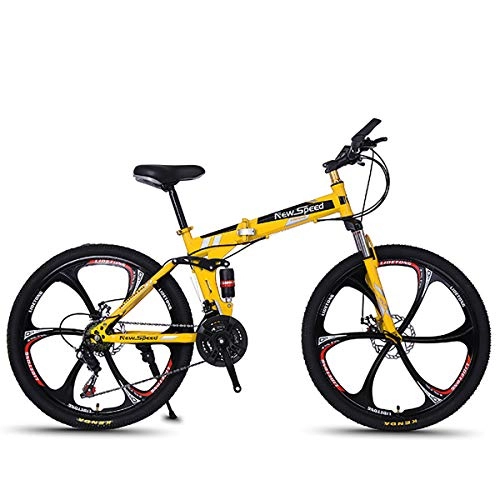 Road Bike : Folding Mountain Bike 21 / 24 / 27 Speeds Disc Brake Off-road Bike 26 Inch Adults Magnesium Alloy Wheel Bicycles with Double Shock Absorber, Yellow3, 21S