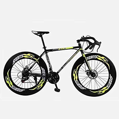 Road Bike : GuanLaoGe Road Bicycle, 26 Inches 27-Speed Bikes, Double Disc Brake, High Carbon Steel Frame, Road Bicycle Racing, Men's and Women Adult, Yellow, Gigh End