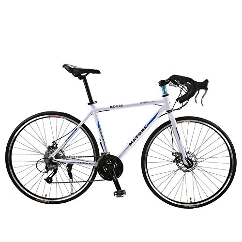 Road Bike : Hyuhome Road Bike for Men And Women, 700C Aluminum Alloy Bend Handlebar Racing with SHIMANO SORA 30 Speed Derailleur System And Double Disc Brake, White blue