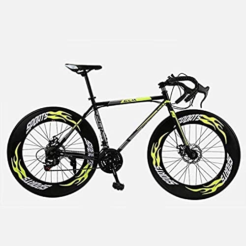 Road Bike : JWCN Road Bicycle, 26 Inches 27-Speed Bikes, Double Disc Brake, High Carbon Steel Frame, Road Bicycle Racing, Men's and Women Adult, Yellow, Uptodate