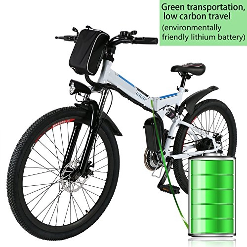Road Bike : Kaimus Folding Electric Bicycle Mountain Bike MTB E-bikeElectric Folding Bike 26inch Electric Bike 36V 8Ah 250WH Lithium Battery, 21Speed Shimano Gear, Adult (Unisex), White