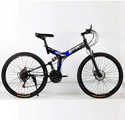 Road Bike : KASIQIWA Mountain Speed Folding Bike, 26 Inch Wheel Front and Rear Shock Absorbing Dual Disc Brake Carbon Steel Off-road Bicycle, Blue, spokewheel