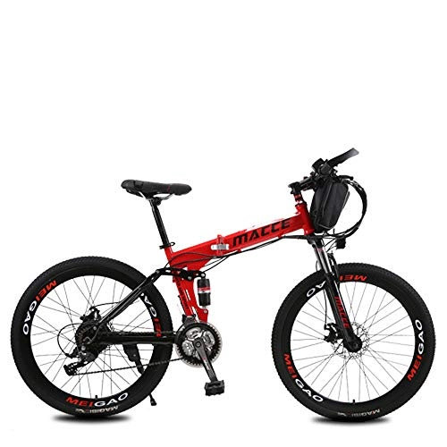 Road Bike : L&U Electric bicycle 250W men's mountain folding bike snow bicycle - pedal with disc brakes and suspension fork (removable lithium battery), B / Red