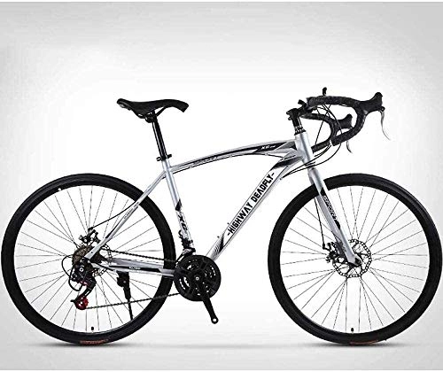 Road Bike : LAMTON 26-Inch Road Bicycle, 24-Speed Bikes, Double Disc Brake, High Carbon Steel Frame, Road Bicycle Racing (Color : Silver)