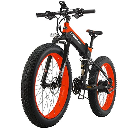 Road Bike : LANKELEISI 26'' Fat Folding Electric Bicycle 48V 10Ah Shimano 27 Speed Full Suspension Snow Mountain MTB E-Bike with 1000W Motor, Dual Hydraulic Disc Brake (Black-Red)