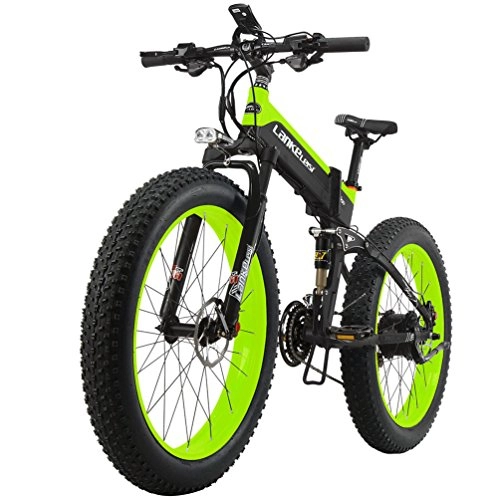Road Bike : LANKELEISI 26'' Fat Folding Electric Bicycle 48V 10Ah Shimano 27 Speed Full Suspension Snow Mountain MTB E-Bike with 500W Motor, Dual Hydraulic Disc Brake (Black-Green)