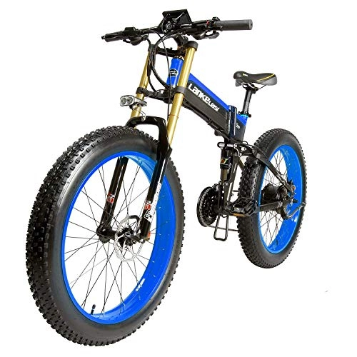 Road Bike : LANKELEISI 26"Fat Tire Folding Bicycle Shimano 27 Speed Full Suspension Electric 48 V14AH 1000W Snow Mountain Beach E-bike, 5in LCD Speedometer, Dual Hydraulic Disc Brake (Black-Blue)