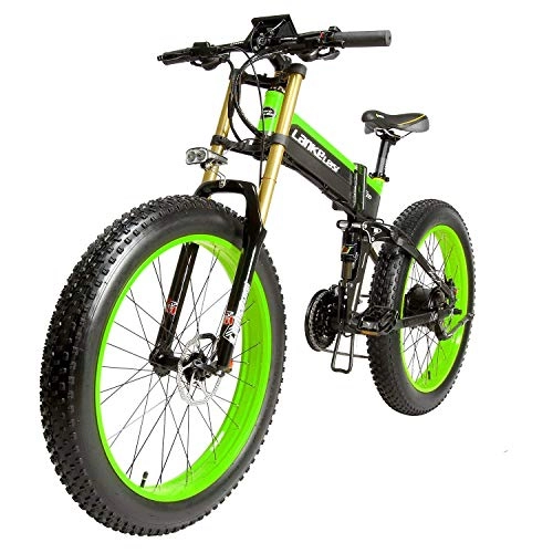 Road Bike : LANKELEISI 26"Fat Tire Folding Electric Bicycle 48 V10AH Shimano 27 Speed Full Suspension 1000W Motor Snow Mountain Beach E-bike Dual Hydraulic Disc Brake 5in LCD Speedometer (Black-Green)