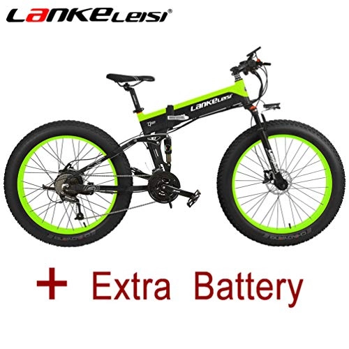 Road Bike : LANKELEISI 26'' Fat Wheel Folding Electric Bicycle 48V 10Ah 500W Shimano 27 Speed Full Suspension Snow Mountain MTB E-Bike Dual Hydraulic Disc Brake (Black-Green+ Extra Battery)