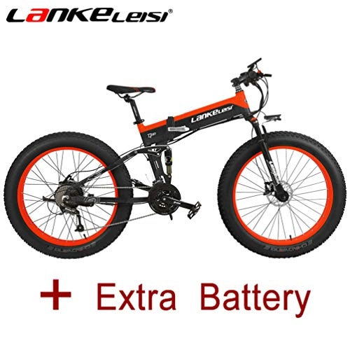 Road Bike : LANKELEISI 26'' Fat Wheel Folding Electric Bicycle 48V 10Ah 500W Shimano 27 Speed Full Suspension Snow Mountain MTB E-Bike Dual Hydraulic Disc Brake (Black-Red+ Extra Battery)