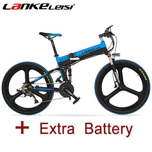 Road Bike : LANKELEISI 26 Inch Folding Electric Bicycle Motor 240w 48V 10Ah Hidden Lithium Battery Shimano 27 Speed Full Suspension Mountain MTB E-bike with Dual Hydraulic Disc Brakes (Black-Blue + Extra Battery)