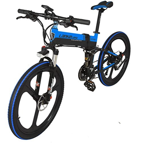 Road Bike : LANKELEISI 26 Inch Folding Electric Bicycle, Motor 240w Battery 48V 10Ah Shimano 27 Speed Full Suspension Mountain MTB Ebike with Dual Hydraulic Disc Brakes (Black-Blue)