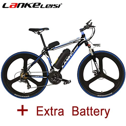 Road Bike : LANKELEISI MX3.8JY 26 Inch Electric Bicycle 48V 10Ah Lithium E-bike Full Suspension Shimano 7 Speed Electric Bike with 240 Watt Motor, 3.5 Inch Smart Computer (Black-Blue + Extra Battery)