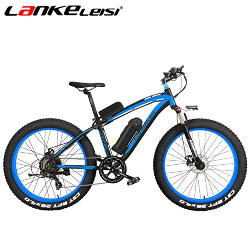 Road Bike : LANKELEISI XF4000 Snow Bike Fat Tires Mountain Bicycle Motor 500W 48V 7-Speed Li-Battery Powerful E-bike Electric Bike mountain bike (Black-Blue)
