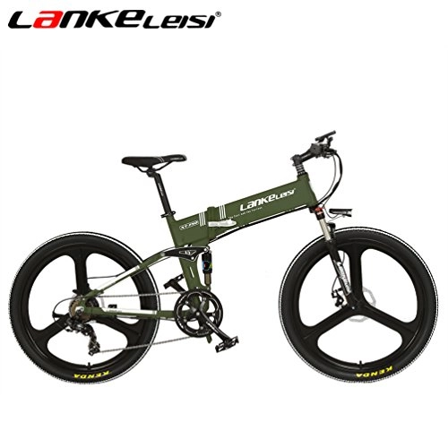 Road Bike : LANKELEISI XT750 - 26Inch Folding Ebike 48V Full Suspension 7 Speed Lithium E-bike Mountain - Electric Bicycle Motor 240Watt (Army-Green)