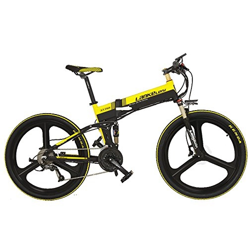Road Bike : LANKELEISI XT750 with Advanced configuration - 26Inch Folding Ebike 48V Full Suspension 7 Speed Lithium E-bike Mountain - Electric Bicycle Motor 240Watt (Black-Yellow)