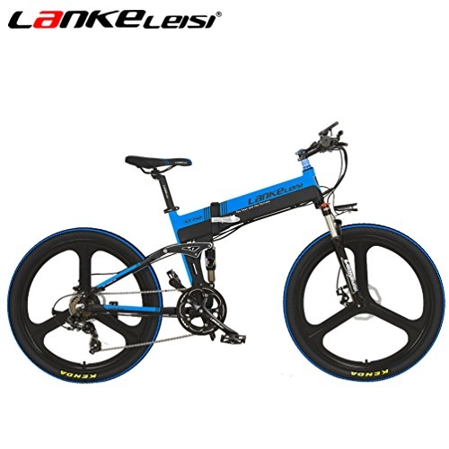 Road Bike : Lankeleisi XT75026Inch Full Suspension E-Bike 48 V Full Suspension 7Speed Lithium Mountain E-Bike 240 WattElectric Motor, Black - Blue