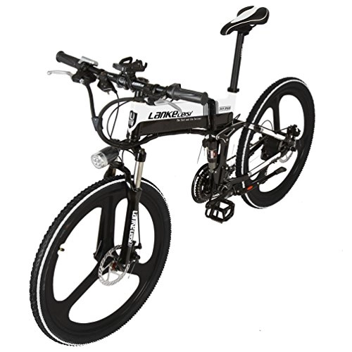 Road Bike : LANKELEISI XT750JY-26 Inch Folding Ebike 48V Suspension 5 Gear 7 Speed Lithium E-bike Mountain-Electric Bicycle Motor 240Watt (Black-white)