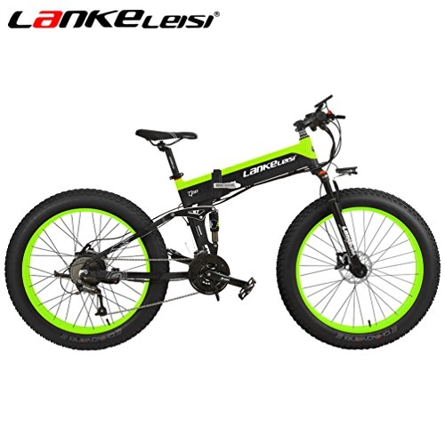 Road Bike : LANKELEISI XT750PLUS500 26x4.0 Inch Fat Tire Folding Electric Bicycle Full Suspension 27 Speed Snow Mountain Beach E-bike with 48V 10Ah Lithium Battery, 500W Motor, Dual Hydraulic Disc Brake (black-green)