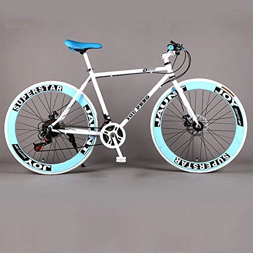 Road Bike : laonie Mountain Bicycle Fixed Gear Road Bike Speed Double Disc Brakes Men and Women 60 Knife Wheel sStudent Adult-White blue_21 speed
