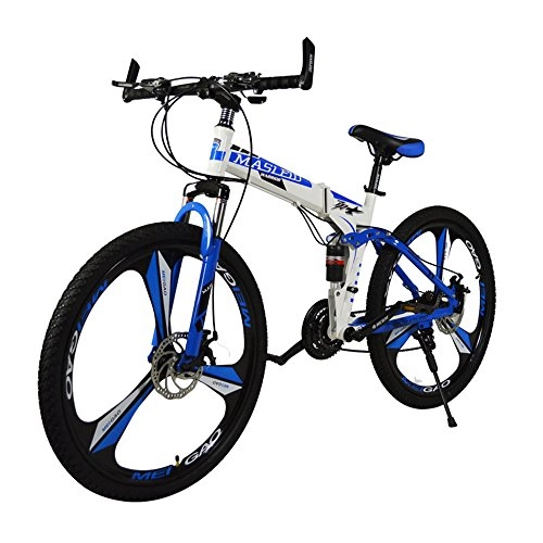 Road Bike : Leisu Mountain Bikes 21 Speed 26 Wheel Folding Bicycle High-Carbon Steel Frame Bike Light Weight for Man Woman Student Child Workers Teenager (BlueWhite)