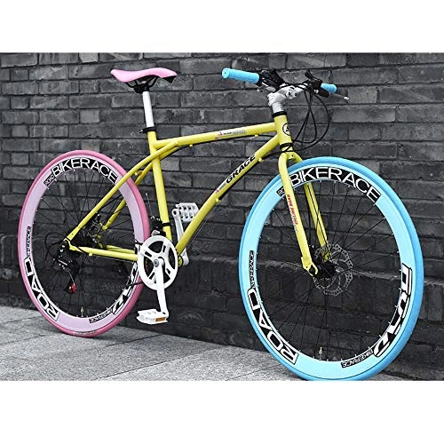 Road Bike : LIFHl 24 Speed Bikes 26 Inch Road Bicycle High Carbon Steel Frame Road Bicycle For Women Men Adult Color Stitching Blue Pink MTB Bikes