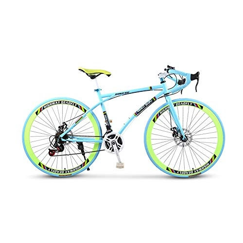 Road Bike : LRHD Curved-handle Variable Speed Road Racing Car Road Bicycle, 21-Speed 26 Inch Bikes, Double Disc Brake, High Carbon Steel Frame, Men's and Women Adult-Only (Blue Green)