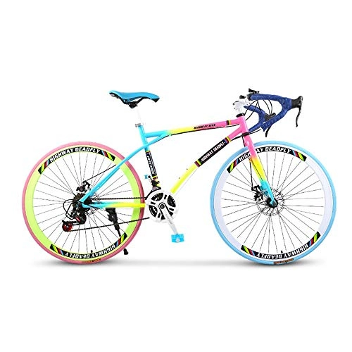 Road Bike : LRHD Curved-handle Variable Speed Road Racing Car Road Bicycle, 21-Speed 26 Inch Bikes, Double Disc Brake, High Carbon Steel Frame, Men's and Women Adult-Only (Rainbow Colors)