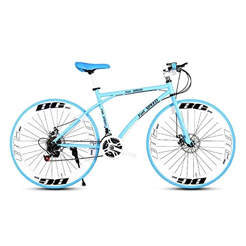 Road Bike : LRHD Men's And Women's Road Bicycles, 24-speed 26-inch Bicycles, Adult-only, High Carbon Steel Frame, Road Bicycle Racing, Wheeled Road Bicycle Double Disc Brake Bicycles (blue And White) (Size : L)