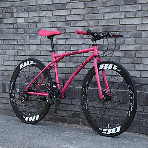 Road Bike : LRHD Road Bicycles, 24-Speed 26 Inch Bikes, Double Disc Brake, High Carbon Steel Frame, Road Bicycle Racing, Men's and Women Adult-Only Dual-disc Brake Bicycles (Pink and Black)