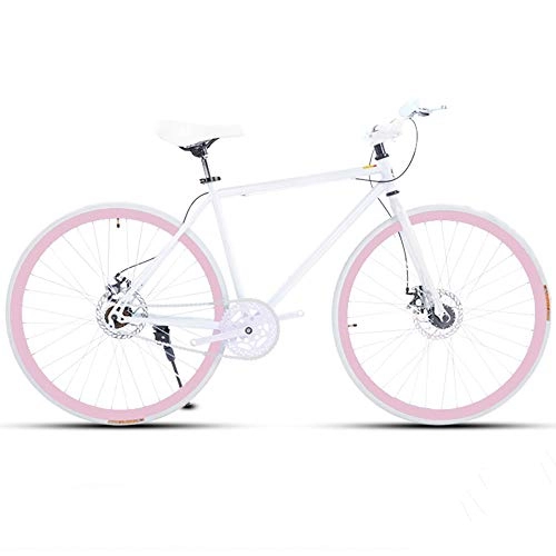 Road Bike : LRHD Road Bike For Men And Women, Simple Bicycle, Adult Women's Bicycle, Student Men's Double Disc Brake Sports Car, 26 / 24 Inch Two, Pneumatic Racing(White Pink) (Size : L)
