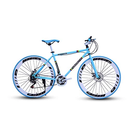 Road Bike : LRHD Straight Handle Variable Speed Bicycle Bicycle Road Racing Car Road Bicycle, 27-Speed 26 Inch Bikes, Double Disc Brake, High Carbon Steel Frame, Men's and Women Adult-Only (Blue) (Size : L)