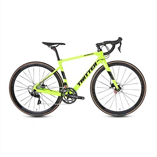 Road Bike : LXYDD Road Bike Carbon Fiber Bike 700C Variable Speed Dual Disc Brake Racing R7000-22 Speed Bend Handle Road Bike, Fluorescent green, 51cm