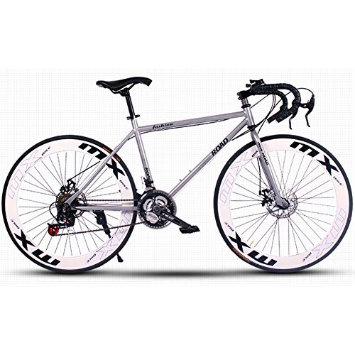 Road Bike : Men And Women Road Bicycles, 24-Speed 26-Inch Bicycles, High Carbon Steel Frame, Road Bicycle Racing, Double Disc Brake Bicycles, Rider Height 165-185 Cm (5.4-6 Feet), Silver