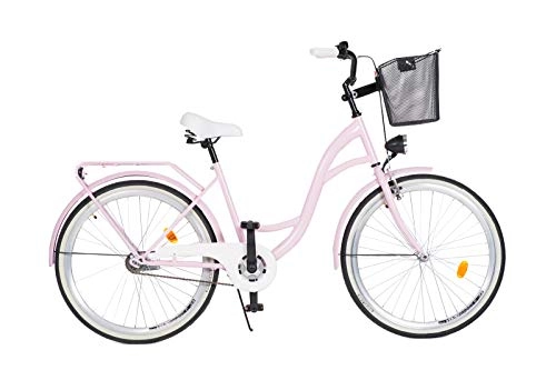 Road Bike : Milord. 2018 City Comfort Bike with Basket, Ladies Dutch Style, 3 Speed, Pink, 28 inch
