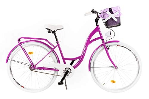 Road Bike : Milord. 2019 City Comfort Bike with Basket - Ladies Dutch Style - 1 Speed - Purple - 28 inch