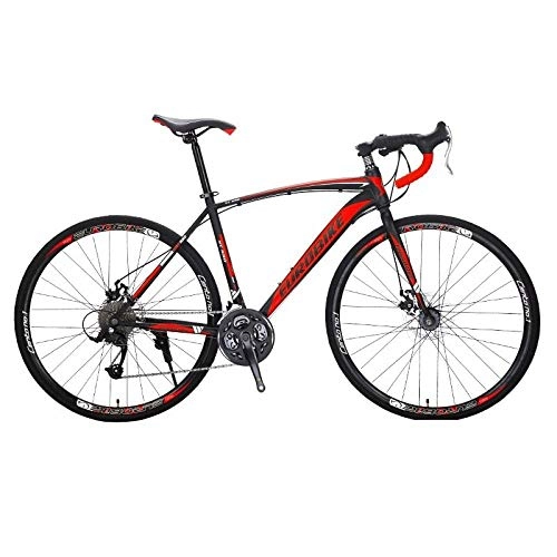 Road Bike : Minkui Male and female full suspension mountain bike front and rear disc brake light carbon steel speed changer 27 speed three knife one wheel urban leisure bicycle-27 speed + black red frame