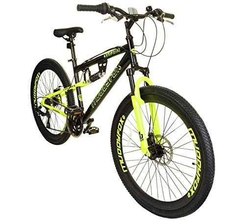 Road Bike : Muddyfox 26" Full Suspension 21 Speed Mountain Bike in Black and Hi Viz Yellow with 18" Frame