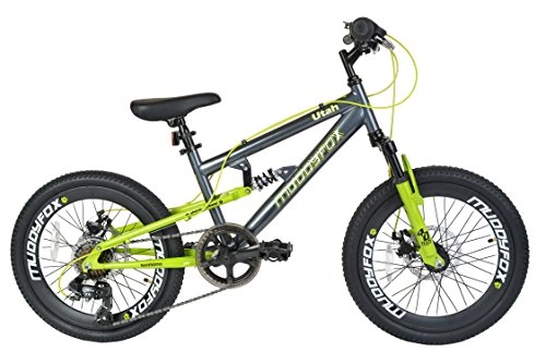 Road Bike : Muddyfox Utah Suspension / Dual Disc Brake Boys 7 Speed Mountain Bike, Grey / Lime Green, 20 Inch Wheels