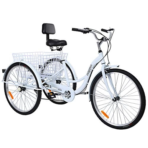 Road Bike : MuGuang Adult Tricycles 26" 7 Speed 3 Wheel Adult Trike Bike Cycling with Shopping Basket (White)