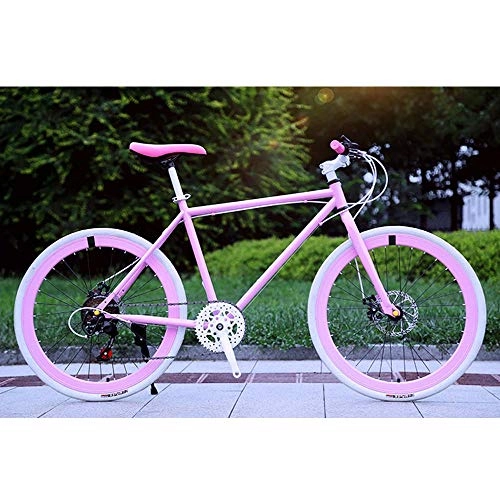 Road Bike : N / D Road Bike, Leisure City Bike Variable Speed Dead Fly Double Disc Brake Solid Tire Bicycle, 7 Speed 30-60 knife 26-Inch Wheel, Men And Women Students General 24in / 30knives Pink / white