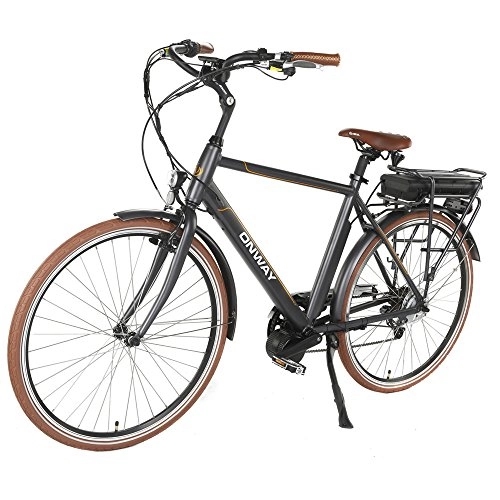 Road Bike : onWay Electric Bike City Bike Road Hybrid Men's 25km / h, Pedelec Shimano 7Speed, Colour: Black / Brown Medium Motor, 28Inch