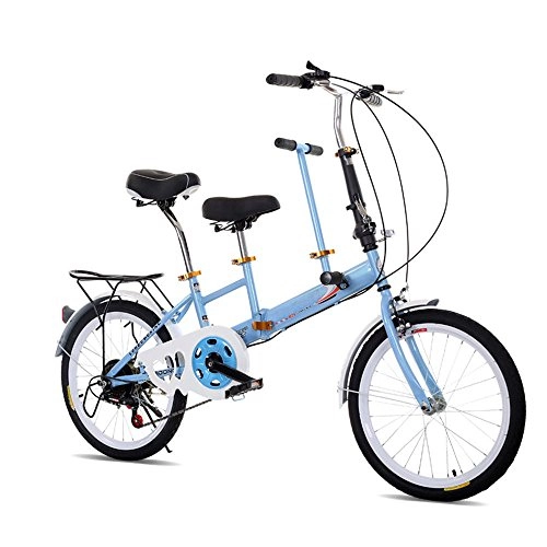 Road Bike : OUKANING 20" Folding Tandem Bike Family Bicycle 2 Seater Double Kids Baby Blue