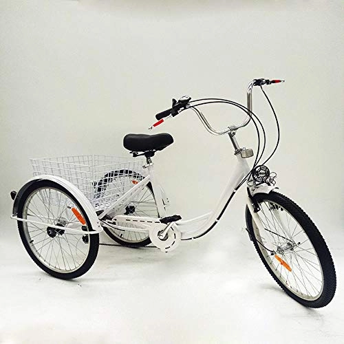 Road Bike : OUKANING Hansemay 24" 6 Speed Adult 3 Wheel Tricycle, Adult Bicycle Cycling Pedal Bike with White Basket for Outdoor Sports Shopping Adjustable (White)