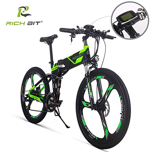 Road Bike : RICHIBIT Electric Folding Mountain Bike FS-860 36V 250W Motor 12.8Ah Lithium-Ion Battery Shimano 21 Speed with LCD Display (gear1-7) for Cycling (Black-Green)