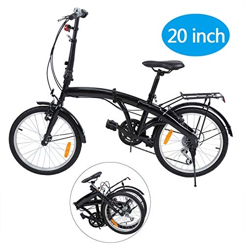 Road Bike : Ridgeyard 20 Inch 6-Speed Folding Foldable Bicycle with Rear Bracket LED Battery Light (Black)