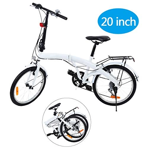 Road Bike : Ridgeyard 20 Inch 6-Speed Folding Foldable Bicycle with Rear Bracket LED Battery Light (White)