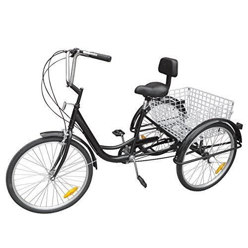Road Bike : Ridgeyard Adult Tricycles 24" 6 Speed 3 Wheel Upgraded Fender Adult Trike Bike Cycling Pedal with Shopping Basket (Black (Updated Version))
