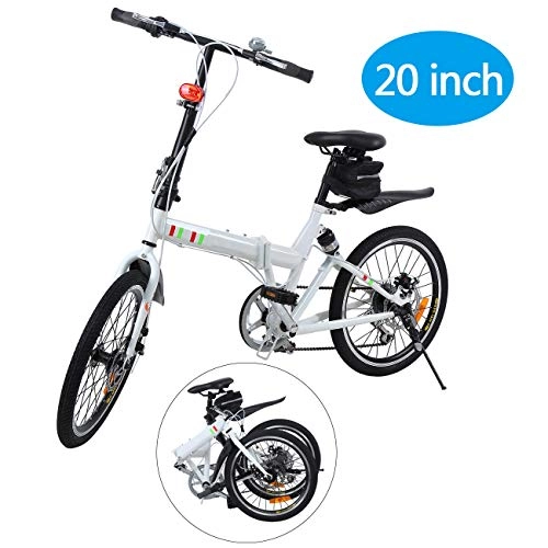 Road Bike : Ridgeyard Foldable Bicycle 20 Inch 6-Speed Folding Bike + LED Battery Light + Seat Bag + Bike Bell (white)
